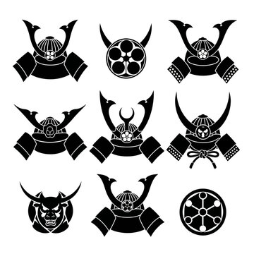 Japanese samurai helmet vector icons, traditional kabuto headgear set, black and white warrior armor silhouettes, 9 oriental combat elements