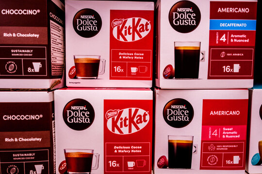 Supermarket Display of Nescafe Dolce Gusto KitKat Flavour and Americano Coffee Pods With No People