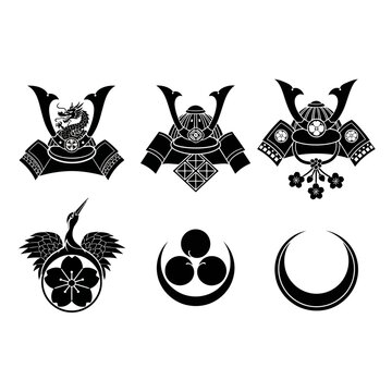 Japanese samurai helmet and crest vector set, traditional kabuto armor silhouettes, 6 black oriental heraldic icons for logo design