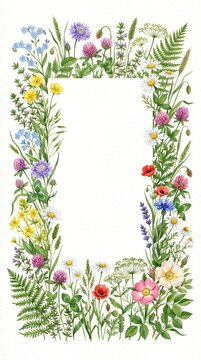 Botanical Watercolor Wildflower Border with Meadow Grass and Colorful Blossoms for Vertical Stationery Design
