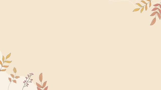 Seamless looping background animation of swaying autumn leaf twigs on corners with wide text copy space. Flat style seasonal fall frame illustration on pastel cream solid color