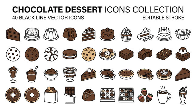 Chocolate dessert icons collection with editable stroke chocolate confectioner
