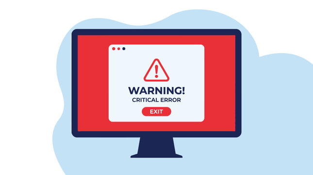 Flat vector illustration of a computer monitor displaying a red critical warning error message box