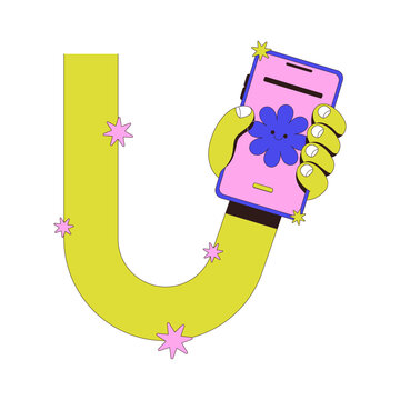 Bendy funky hand holding phone with lock screen neubrutalism instruction graphic. Playful groovy arm. Mobile interaction. Smartphone interface feature. Trendy UI design. Flat 2D illustration