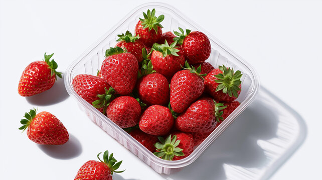 Bright red strawberries in clear punnet showcasing freshness in a light studio setting Generative AI