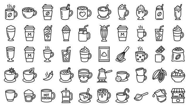 Hot cocoa and coffee drink vector icon set with beverage chocolate cappuccino