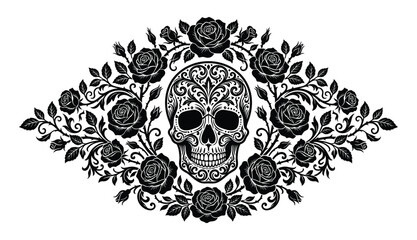 Fototapeta premium Black and White Sugar Skull with Roses Vector Illustration, Day of the Dead Ornate Calavera Design