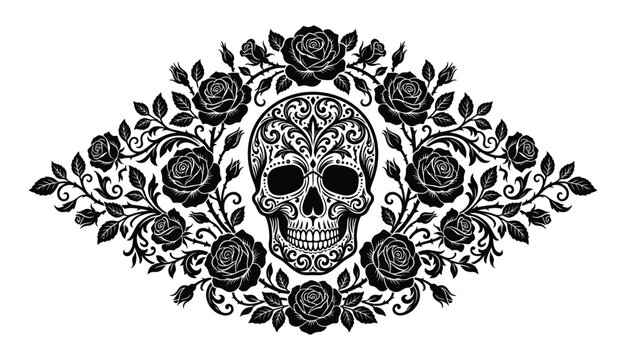 Black and White Sugar Skull with Roses Vector Illustration, Day of the Dead Ornate Calavera Design