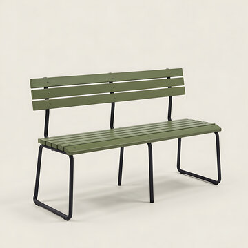 Green wooden park bench on legs
