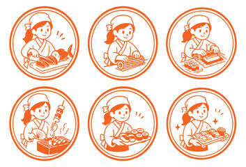 Cute Sushi Chef Character Badge Collection – Black and White Japanese Food Mascot Vector Set, Kawaii Sushi Making Illustration SVG Bundle © Wooden
