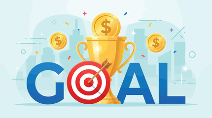 Fototapeta premium Flat vector illustration of a golden trophy and business target representing financial success and achievement