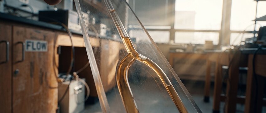 Microfluidic chip laboratory research device showing amber fluid flow in Y-shaped channel, scientist hand holding biochip for biotechnology experiment and scientific innovation analysis in warm sunlit