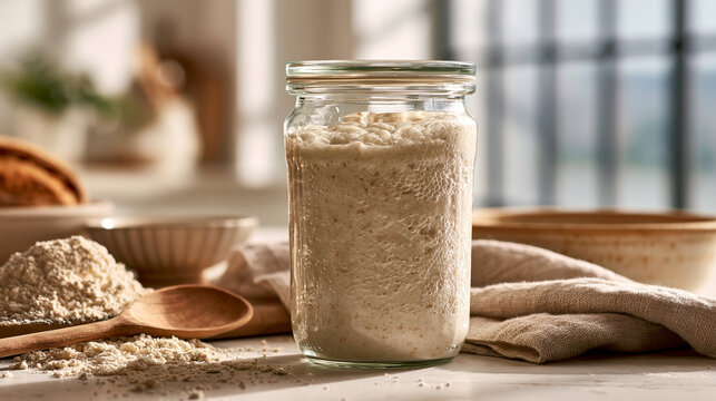 Active bubbling sourdough starter in a glass jar on a kitchen counter. Homemade artisan bread baking ingredients with flour and wooden spoon