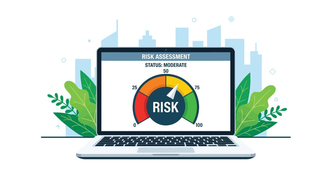 Digital laptop screen displaying a colorful moderate risk assessment gauge in this flat vector graphic illustration