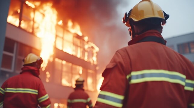 Firefighters battling a large building fire with intense flames and smoke.