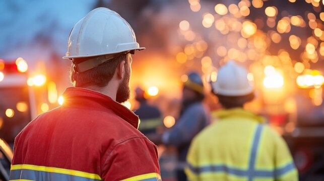 Firefighters in protective gear responding to an emergency scene at night with flashing lights and sparks.