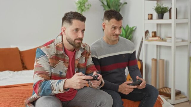 Two men hold game controllers and exchange a high five while sitting on a bed inside a building; playful joy.