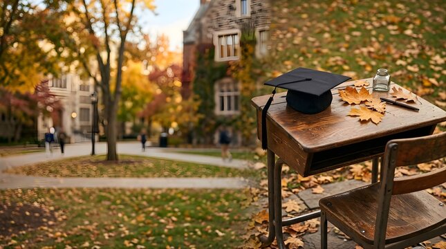 Graduation cap on school desk at university campus during autumn season