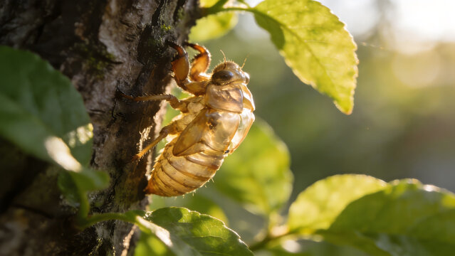 Empty cicada shell on tree bark with green leaves, symbolic transformation in soft morning light.