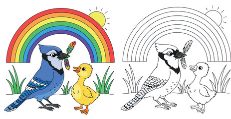 Fototapeta premium Cheerful Blue Jay and Duckling with Rainbow - Cute Cartoon Illustration for Kids' Books, Nature Themes, and Educational Content