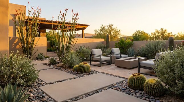 Modern outdoor patio lounge area with desert plants and comfortable furniture in a sunny backyard. arizona yard