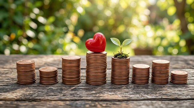 Stacked coins with heart and plant, arranged in ascending order on a wooden surface outdoors