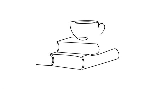 Continuous Line Art Animation of Tea Cup on Stack of Books.