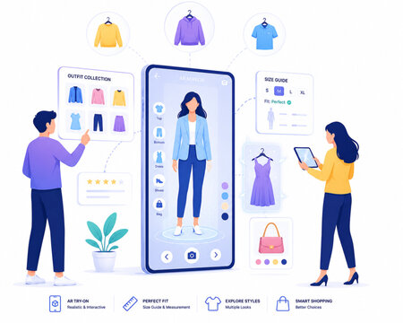 AR Virtual Try-On Mirror with Smart Clothing Recommendations &ndash; Premium Flat Vector Illustration