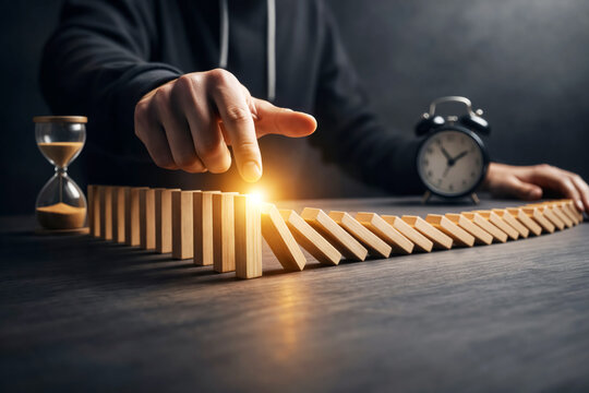 Dominoes falling in a chain reaction represent the critical moment of impact as a human finger pushes one wooden block to initiate a sequence of events, symbolizing strategic planning and risk.