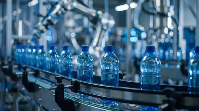 Plastic water bottles moving along conveyor belt in modern beverage manufacturing facility with industrial machinery in background, suitable for packaging, production, and factory automation content.