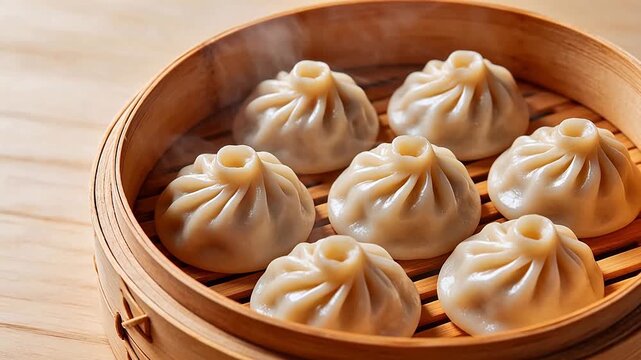 Steaming dumplings in bamboo steamer
