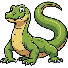 Fototapeta premium A cheerful cartoon dinosaur with sharp teeth and claws stands proudly on ground.