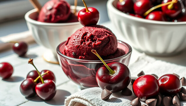 Scoops of cherry ice cream and black cherries