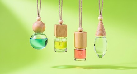 Obraz premium Colorful Hanging Glass Diffuser Bottles with Wooden Caps on Green Background