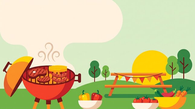 Modern summer BBQ party invitation background with grill and picnic table in park