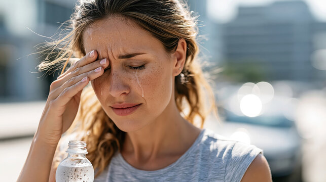 Woman feeling unwell from intense heat, wiping her sweaty forehead with a hand, crying due to stress and dehydration, holding a cool bottle of water outside on a sunny day