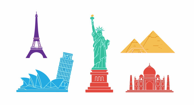 Iconic global landmarks depicted with simple colorful flat-style vector illustrations on a white background