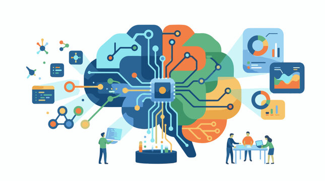 Colorful illustration of people working with a large brain composed of circuits and data visualizations