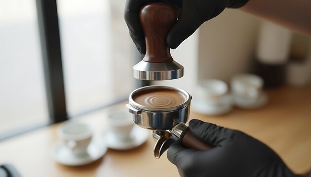 Barista tamps fresh ground coffee in a portafilter preparing for espresso shot