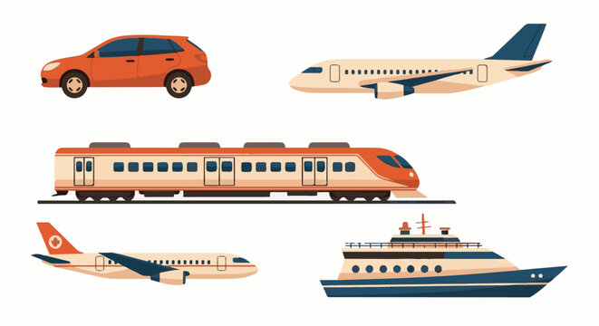 Diverse transportation methods are depicted an orange car a commuter train two airplanes and a ship