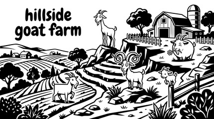 Fototapeta premium domestic goats grazing across a rocky hillside goat farm with wooden shelters fenced pasture natural grasslands and sustainable livestock breeding environment in a rural landscape