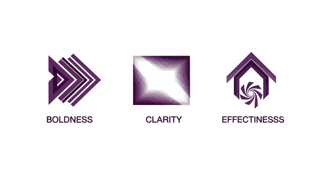 Abstract purple icons representing boldness clarity effectiveness concepts.
