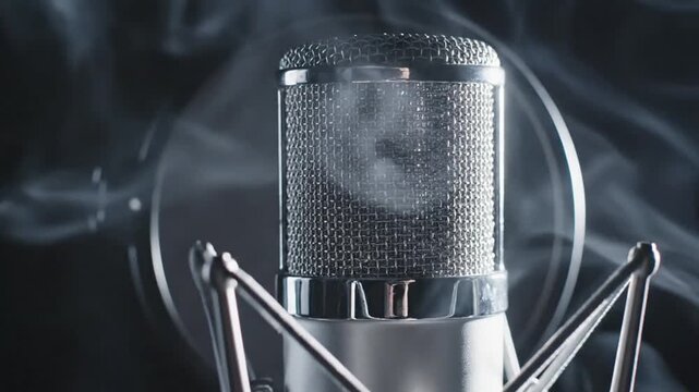 Professional studio condenser microphone with smoke on dark background.