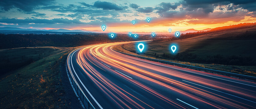 Scenic Curved Road with GPS Location Pins and Sunset Landscape