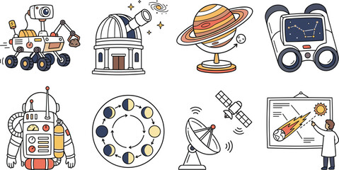 Space Exploration Vector Set Featuring Mars Rover, Observatory, Astronaut, Satellite, and Moon Phases © Sheikh
