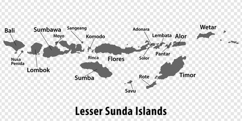 Fototapeta premium Blank map Lesser Sunda Islands in gray. Every Island map is with titles. High quality map of Lesser Sunda Islands on transparent background for your design. EPS10.