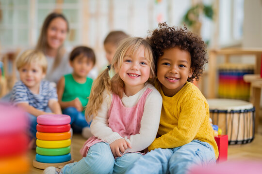  Un c&aacute;lido momento infantil que celebra la amistad, la inclusi&oacute;n y el alegre aprendizaje temprano en un ambiente de aula luminoso y acogedor.