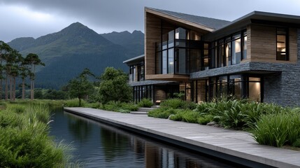 Fototapeta premium Luxury eco-resort offers natural wood, glass, and stone architecture in mountains with solar roofs and rainwater systems and views of lush greenery and water features