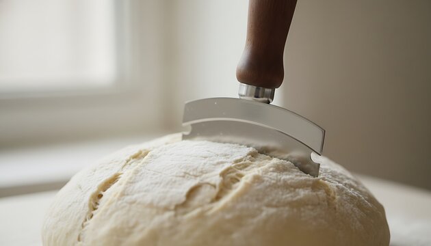 Bench knife scoring large floured raw dough ball ready for baking