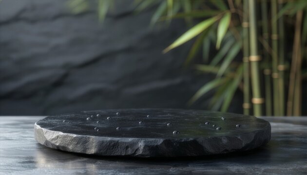 Organic luxury spa 3D stage with black basalt stone and bamboo